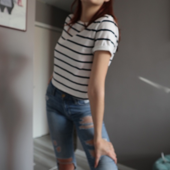 Dark Blue and White Striped Cropped T-Shirt - Picture 3 of 4